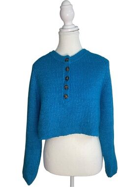 UO BDG Harlow Henley Cropped Sweater Blue